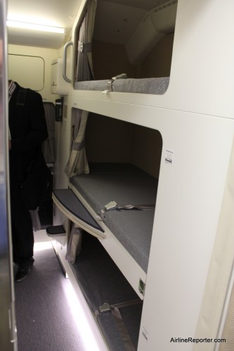 Flight crew have 12 bunks, three high, located at the rear of the upper deck.
