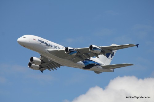 Malaysia Airlines Airbus A380 flying over the Farnborough Airshow.