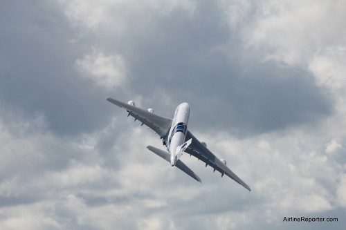 The Airbus A380 shows its moves at the airshow.