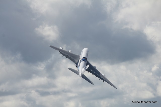 The Airbus A380 shows its moves at the airshow. 