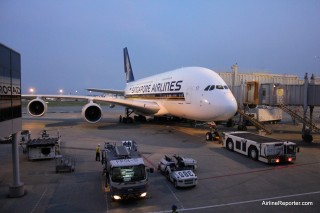 A Singapore Airlines Airbus A380 sits at Tokyo's Narita Airport.