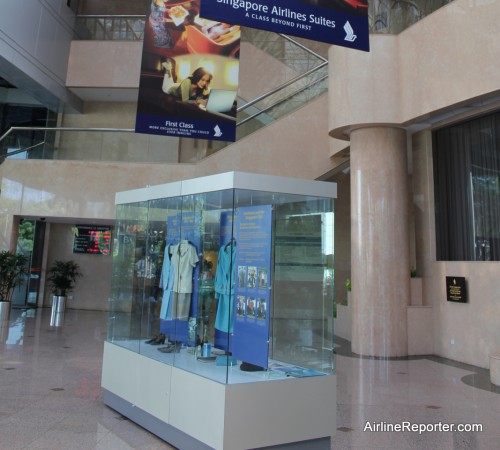 The lobby of the Singapore Airlines Training Center highlights the airline's history and culture.