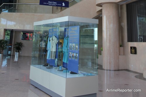The lobby of the Singapore Airlines Training Center highlights the airline's history and culture.