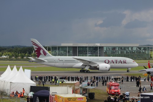 Qatar Airways Boeing 787 Dreamliner seen at Farnborough in July 2012.