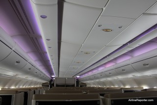 Singapore Airlines has different lighting modes for different parts of the flight on the A380. This purple was my favorite.