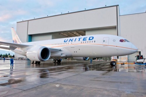 United's first Boeing 787 Dreamliner comes out of the paint hangar. Photo from The Boeing Company.