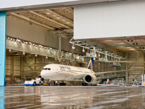 United's first Boeing 787 Dreamliner comes out of the paint hangar. Photo from The Boeing Company.