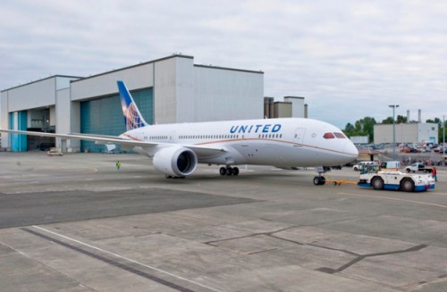 United's first Boeing 787 Dreamliner comes out of the paint hangar. Photo from The Boeing Company.