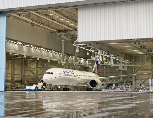 High-Resolution Photo: United"s first Boeing 787 Dreamliner comes out of the paint hangar. Photo from The Boeing Company.