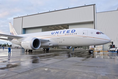 High-Resolution Photo: United"s first Boeing 787 Dreamliner comes out of the paint hangar. Photo from The Boeing Company.