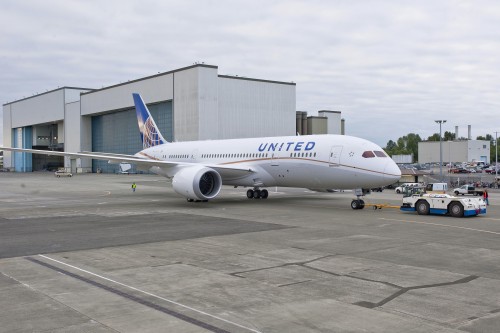 High-Resolution Photo: United"s first Boeing 787 Dreamliner comes out of the paint hangar. Photo from The Boeing Company.