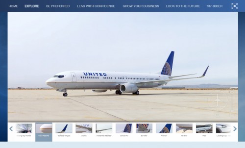 Screen shot of Boeing's Explore 737 page highlighting the 360 view of a United Boeing 737-900ER (N36444).