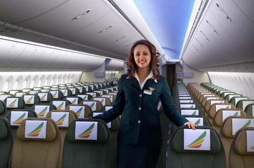 A flight attendant in the 787's economy class. Image from Ethiopian Airlines.