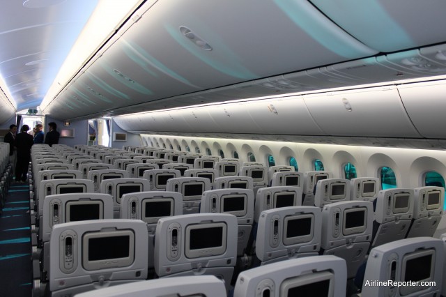 The tinted windows on the Boeing 787 Dreamliner makes odd "mood" lighting in the cabin.