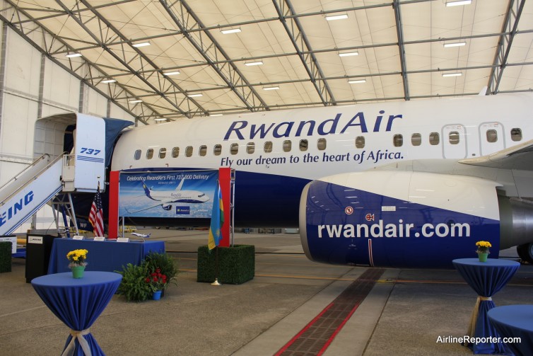 RwandAir's first Boeing 737-800 sits in a hangar at Boeing Field.