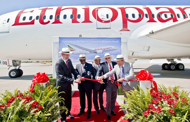 Ethiopia Airlines take delivery of their 1st 787 You cannot have a delivery ceremony without a ribbon cutting. Image from Boeing.
