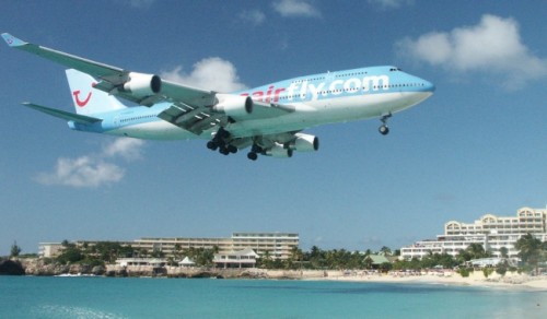 A Corsair Boeing 747-400 lands at St. Maarten. Image by Chris Sloan / Airchive.com.