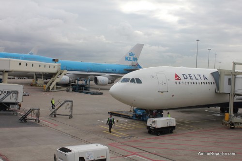 Delta Air Lines Airbus A330 with a KLM Boeing 747-400 in the background in Amsterdam.