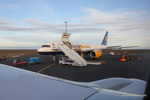 An Icelandair Cargo Boeing 757 looks on while we wait to be fueled. Lots of nothingness in the background.