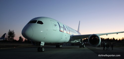 LAN's first Boeing 787 sits next to the Future of Flight at Paine Field.