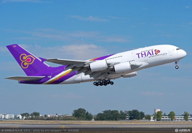 Thai Airways International (THAI) has took delivery of its first A380 today. What a great looking aircraft/livery combo. Image from Airbus. Click for larger.