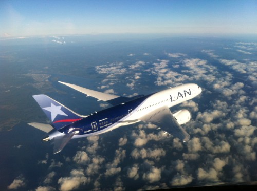 This photo was taken by an iPhone by Kevin LaRosa II on the LearJet chase plane following the LAN 787 Dreamliner. Can't wait to see what the "real" photos look like. #drool