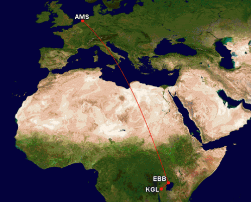 Map of my flight from KGL to EBB then AMS on a KLM Airbus A330.
