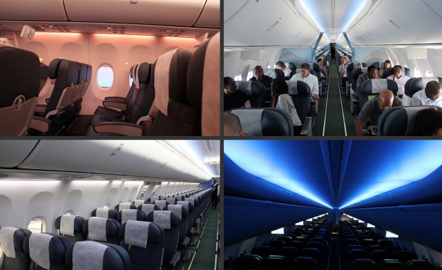 Some of the different flavors that Boeing's Sky Interior can produce. Upper left is meal service and bottom right is sleep. The others are standard operating settings.