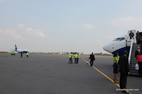 RwandAir's Boeing 737-500 looks on.