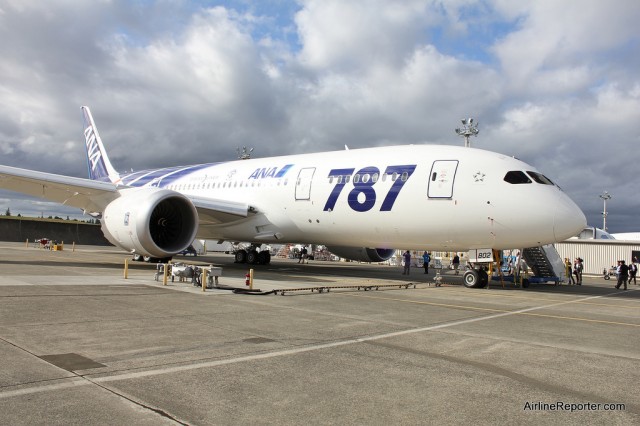 JA802A sitting on the tarmac at Paine Field in Everett, WA. It has the same special 787 livery as the first 787 for ANA, JA801A.