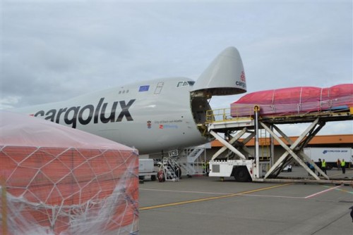 The Boeing 747-8F gets its first real cargo load at SEA. Photo by the Port of Seattle.