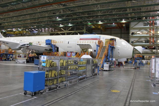 An Air India Boeing 787 Dreamliner on the factory floor. 