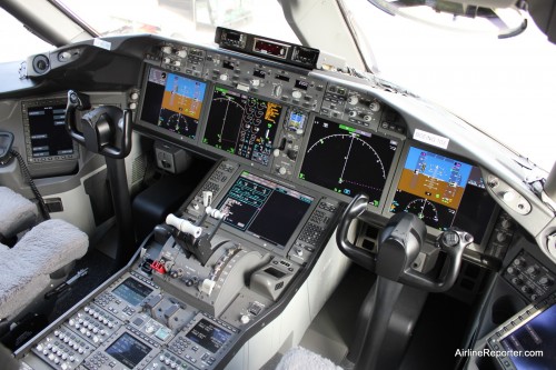 The best seats in the house. This is the cockpit of the 787 with large "glass" screen. Who wants to go for a ride?