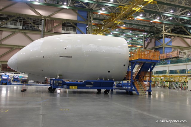 A completed nose section of a Boeing 787 Dreamliner on the factory floor. 