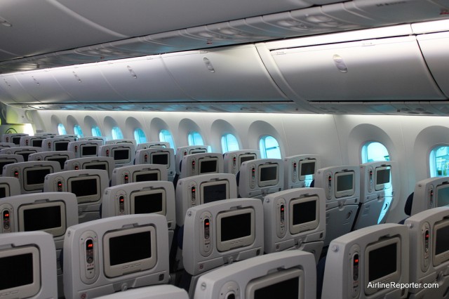 The inside of the Boeing 787 Dreamliner feels roomy and provides a lot of natural light. All the windows were set by the master controls for a partial tint. 