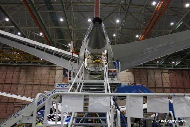 APU on the back of the Air India Boeing 787 Dreamliner. Check out the 777 stairs that have been modified for 787 use.