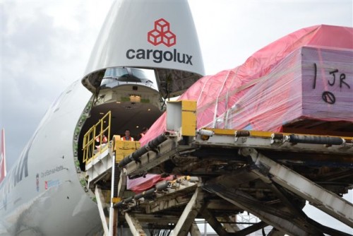 Nose up. Cargo in. It didn't take long for Cargolux to put their new 747-8F to work. Photo from the Port of Seattle.