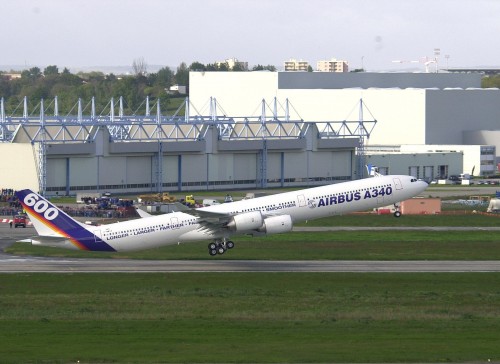 The first Airbus A340-600 takes off in Airbus livery. Photo from Airbus.