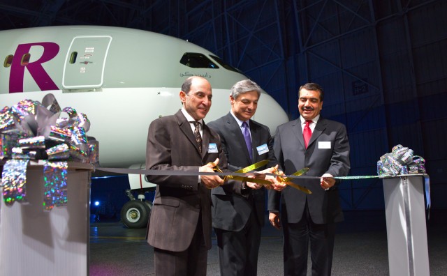 Celebrating the official handover to Qatar Airways of its first 787 Dreamliner in Seattle are, from right: Qatar's Ambassador to the United States, His Excellency Mohammed Bin Abdulla Al-Rumaihi; Qatar Airways CEO Akbar Al Baker; and Boeing Commercial President and CEO Ray Conner. Photo from Qatar Airways. 