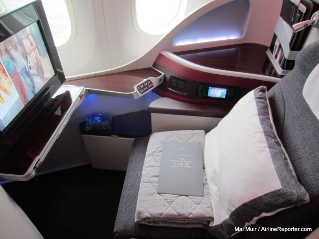 Qatar Airways Boeing 787 Business Class seat. Photo: Mal Muir / AirlineReporter.com.