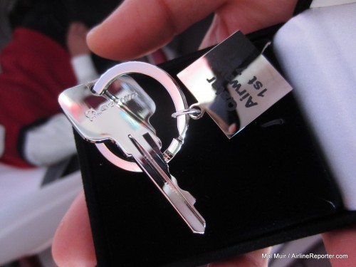 A souvenier Qatar Airways Boeing 787 key for invited guests. Image: Mal Muir / AirlineReporter.com.