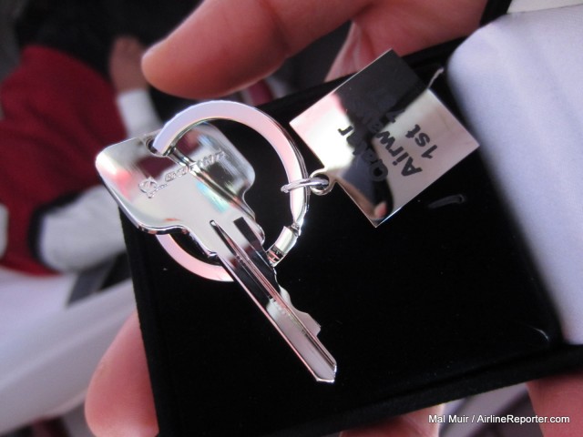 A souvenier Qatar Airways Boeing 787 key for invited guests. Image: Mal Muir / AirlineReporter.com. 