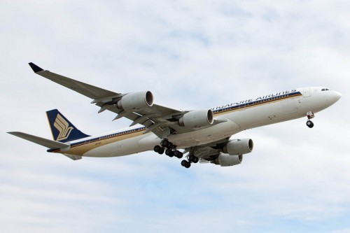 Singapore Airlines Airbus A340-500 landing at LAX.