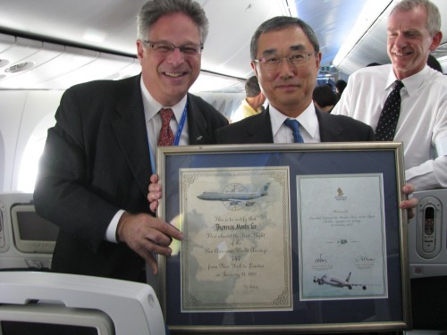 Thomas Lee with Mr. Shinichiro Ito, the CEO of All Nippon Airways, while flying the inaugural 787 flight. Photo from Thomas Lee.