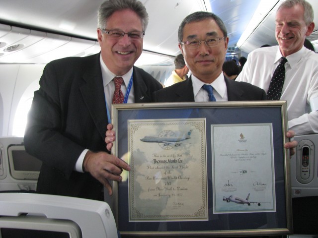 Thomas Lee with Mr. Shinichiro Ito, the CEO of All Nippon Airways, while flying the inaugural 787 flight. Photo from Thomas Lee. 