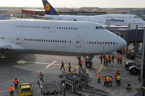 HI-RES IMAGE (click for larger). Ah yes! Brand spank'n new Boeing 747-8I next to one of Lufthansa's Boeing 747-400s in Frankfurt. Photo by Lufthansa.