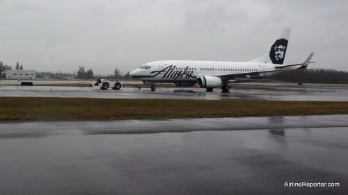 An Alaska Airlines Boeing 737 at Paine Field (for maintanence).