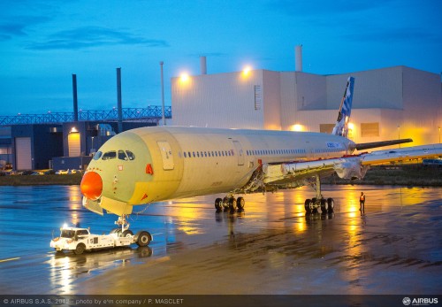 The first A350 XWB flight test aircraft has moved to the Station 30 ground test station at Airbus" final assembly line in Toulouse, France following its structural assembly and initial electrical power-on in the facility"s main assembly hall (Station 40) . Image from Airbus. CLICK FOR LARGER.