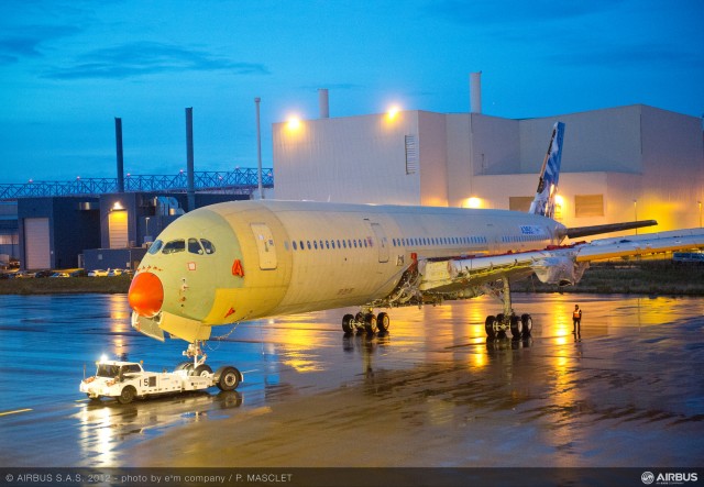 The first A350 XWB flight test aircraft has moved to the Station 30 ground test station at Airbus’ final assembly line in Toulouse, France following its structural assembly and initial electrical power-on in the facility’s main assembly hall (Station 40) . Image from Airbus. CLICK FOR LARGER. 