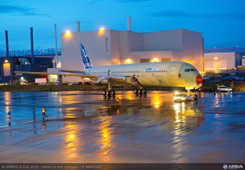 With its main structural assembly and system connections complete, the first A350 XWB flight test aircraft (designated MSN1) was moved from the main assembly hall to the adjacent indoor ground test station at Airbus" final assembly line in Toulouse, France . Image from Airbus. Click for larger.